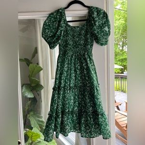 Green, floral, puff sleeve dress